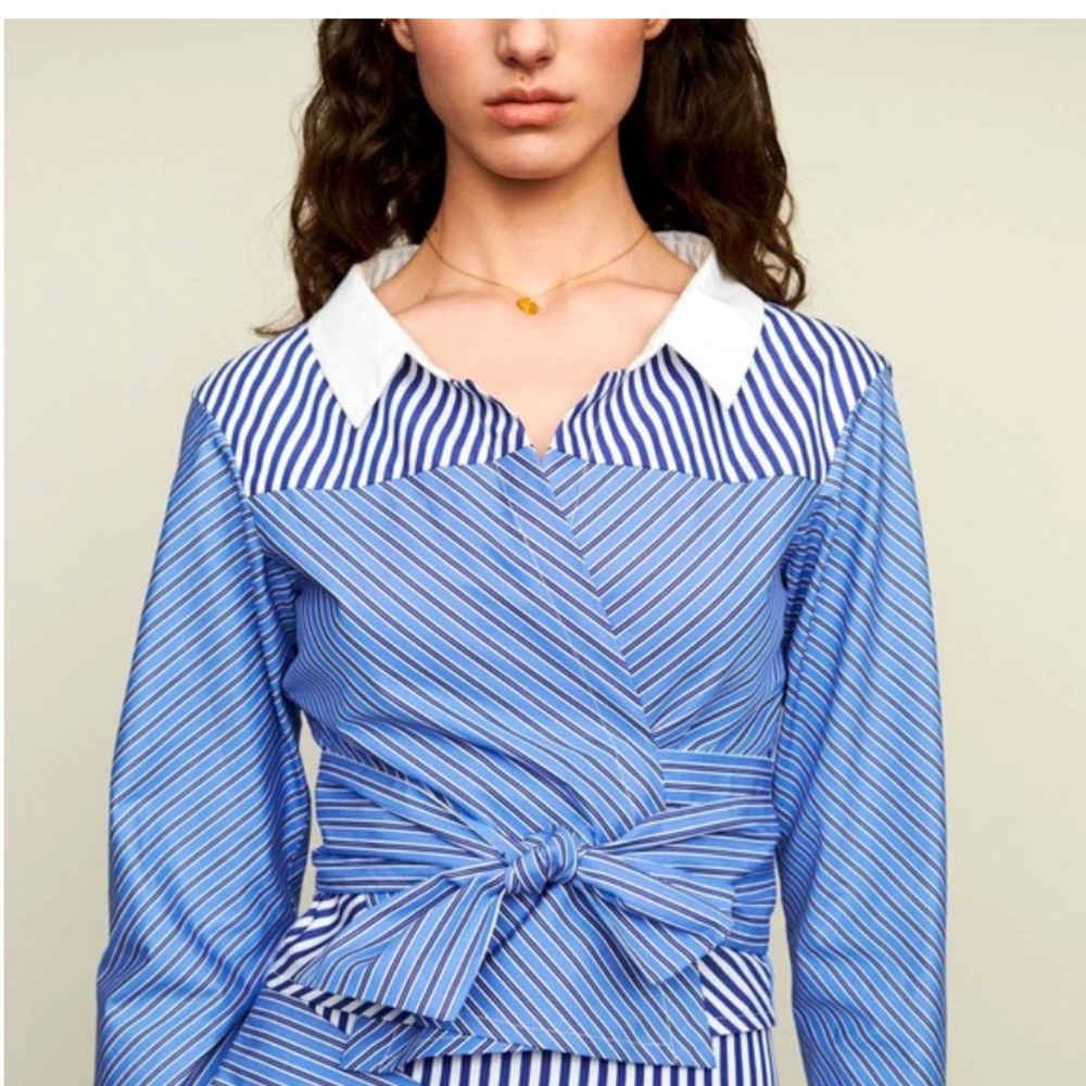 Maje Blue and White Striped Wrap Blouse